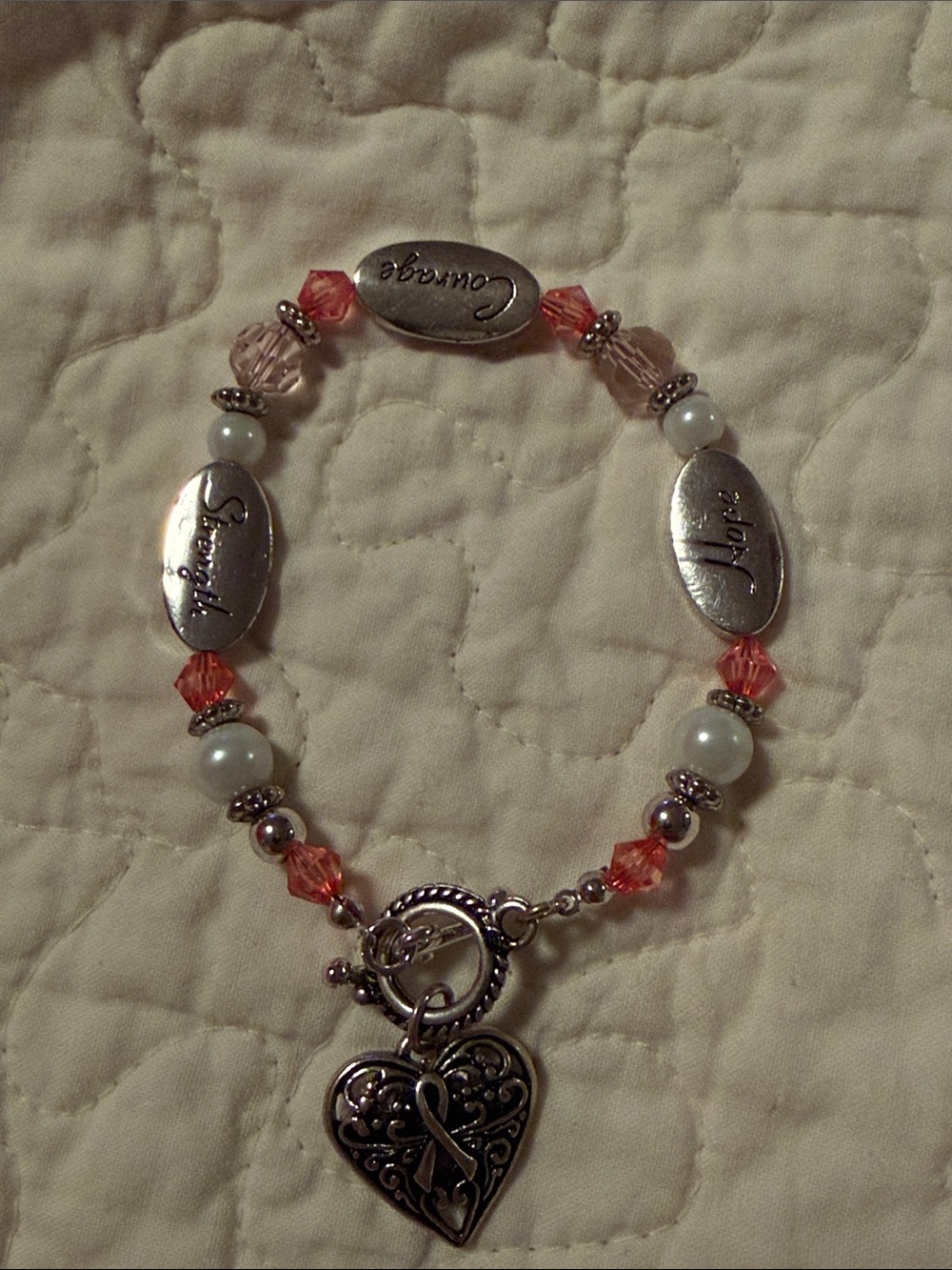 Inspirational Breast Cancer Charm Bracelet in Pink with Silver Accents